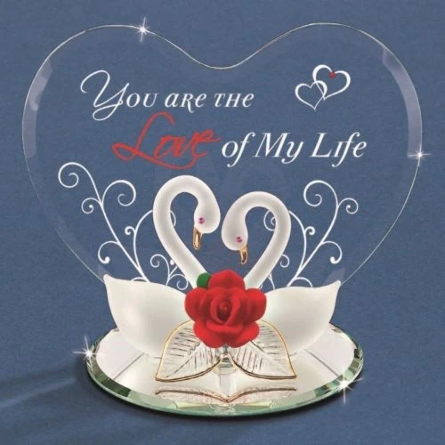 Glass Baron Swan Pair with Red Rose YOU ARE THE LOVE OF MY LIFE Handcrafted Glass Figurine Q-GM15127