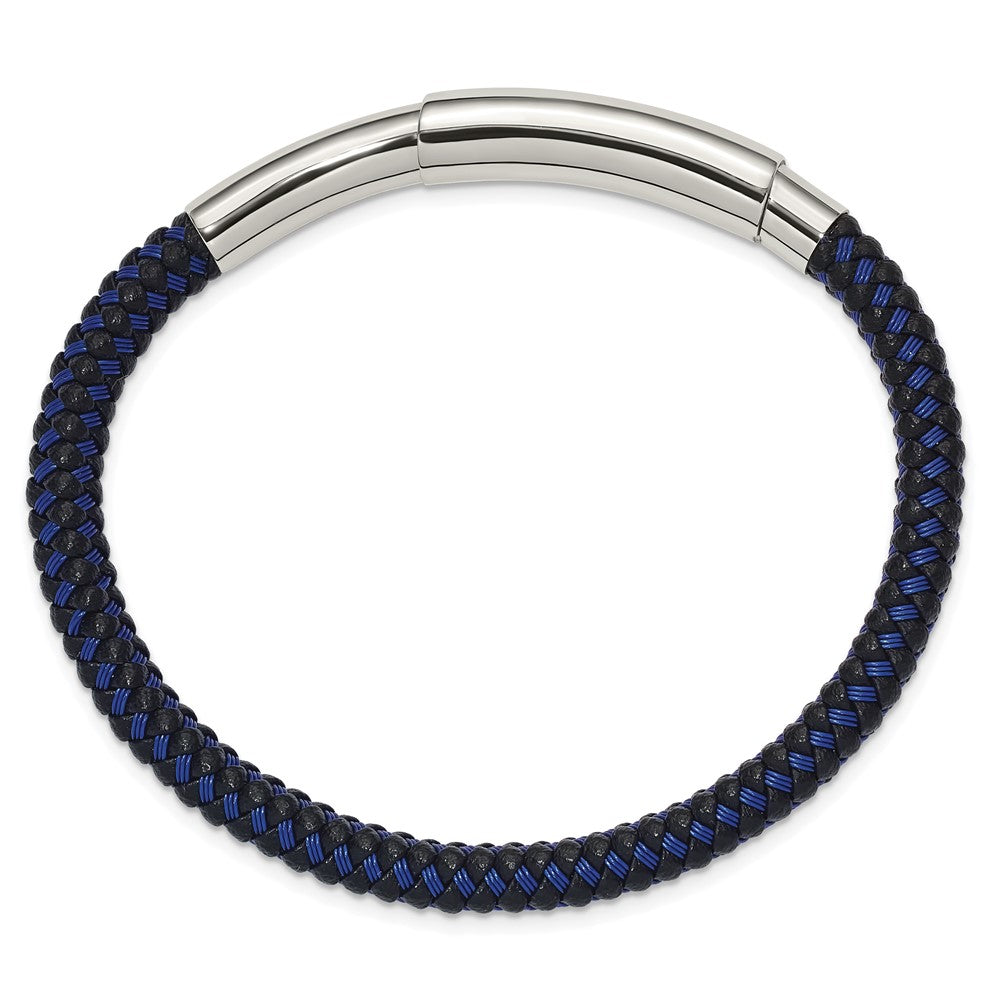 Stainless Steel Polished Blue Wire & Black PU Adjst 7.75 to 8.25in Bracelet 8.25 inches