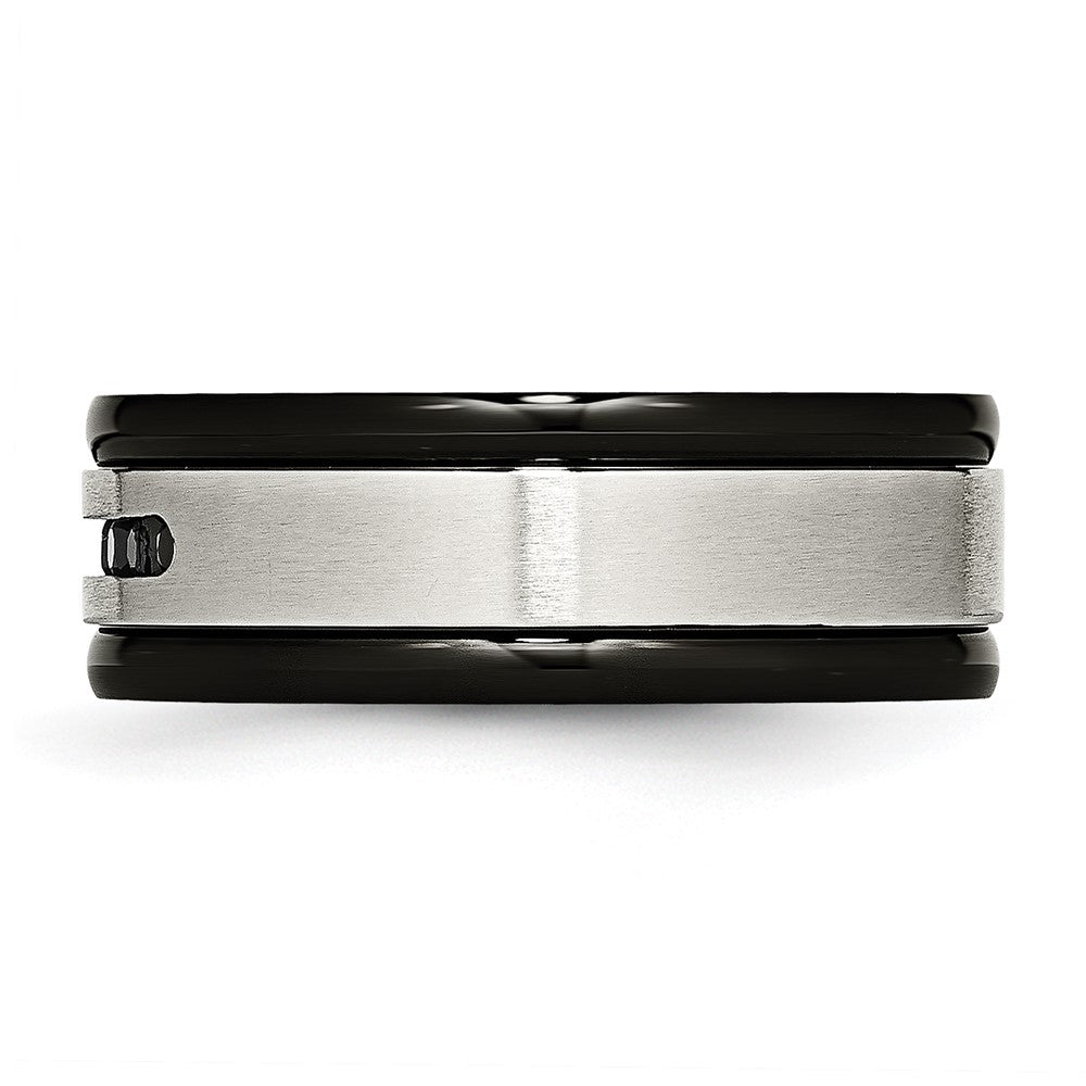 Stainless Steel Brushed/Polished Black IP & Black CZ 8mm Grooved Band Size - 7.5