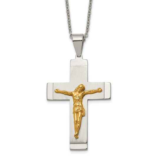 Stainless Steel Brushed & Polished Yellow IP-plated Crucifix 20in Necklace
