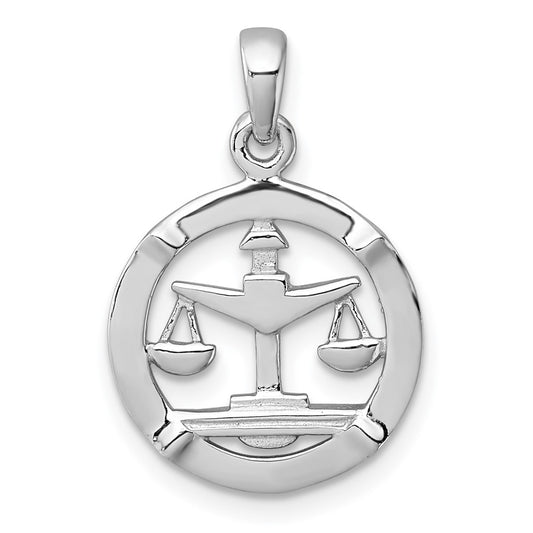 Sterling Silver Rhodium-plated Polished Reversible Libra Scales in Circle Zodiac Pendant