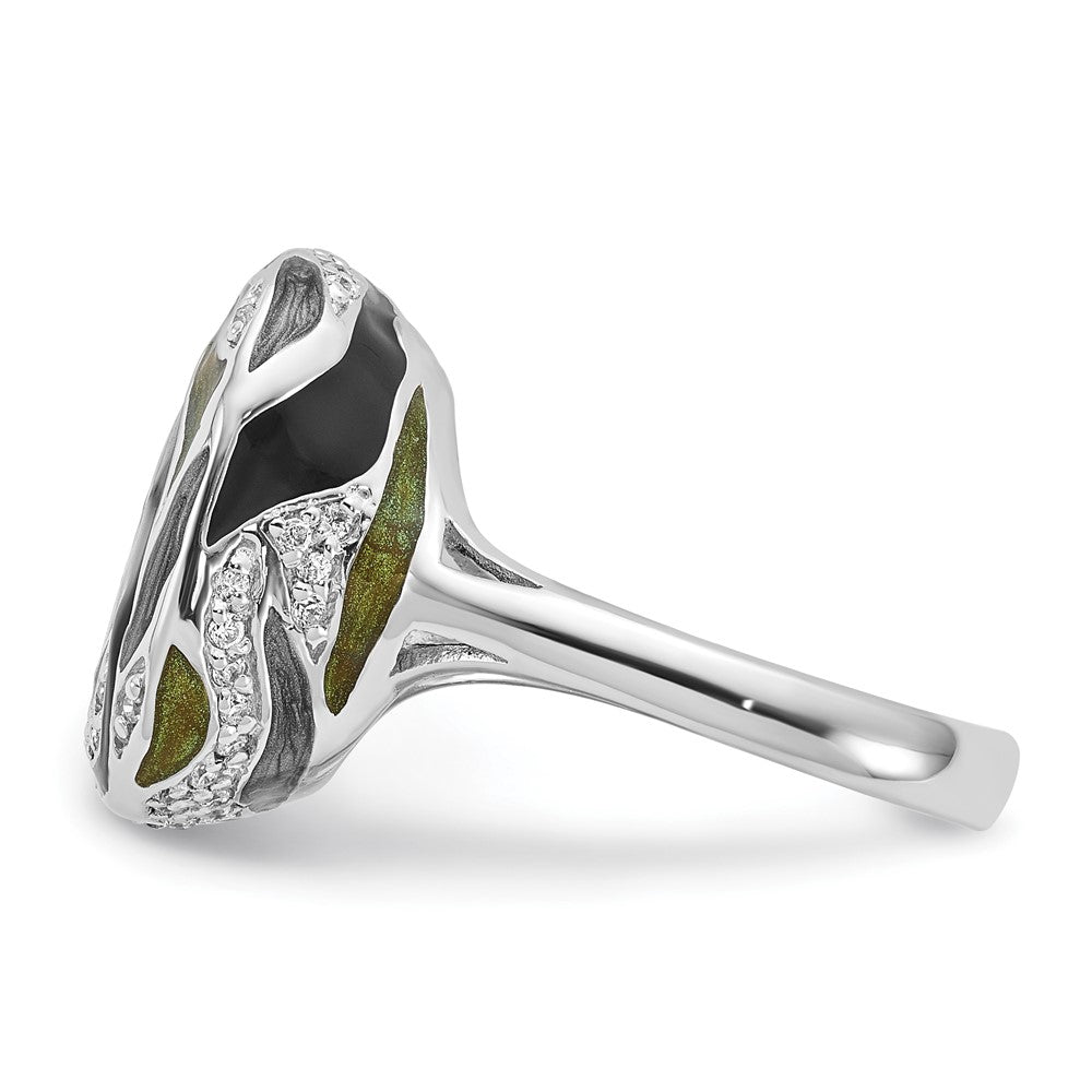 Sterling Silver Polished CZ with Green and Gray and Black Enamel Ring