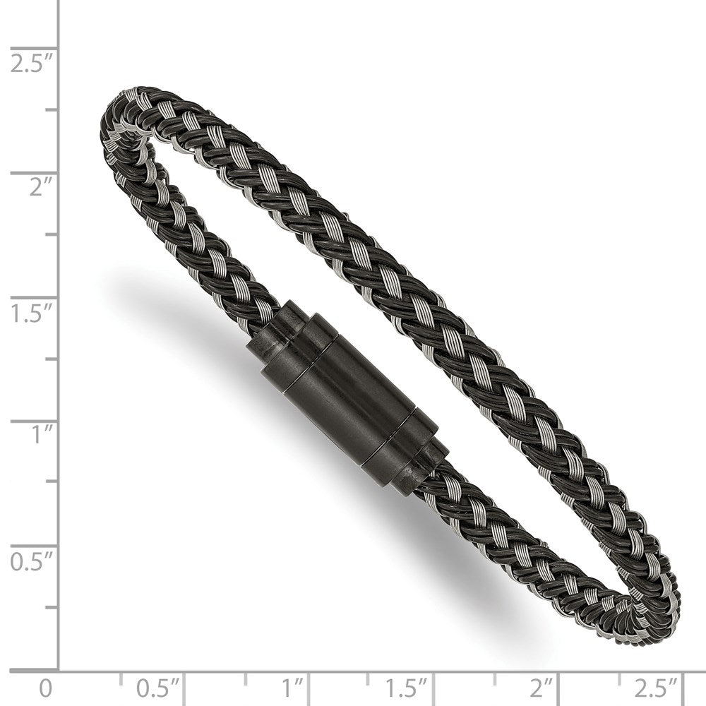 Stainless Steel Polished Black IP Braided Wire & Rubber 8.25in Bracelet 8.25 inches