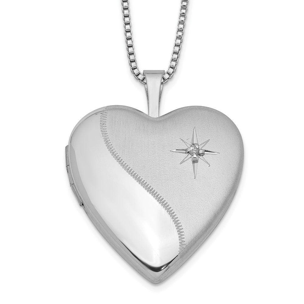 Sterling Silver Rhodium-plated 20mm Satin Diamond Heart Locket Necklace 18 Inches