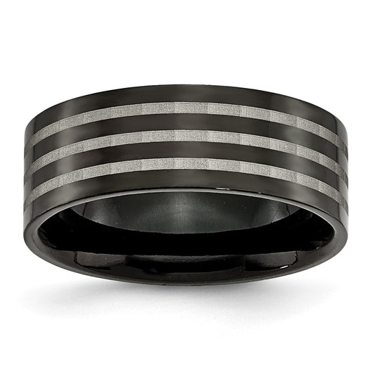 Titanium Polished 8mm Black IP-plated w/Satin Stripes Band
