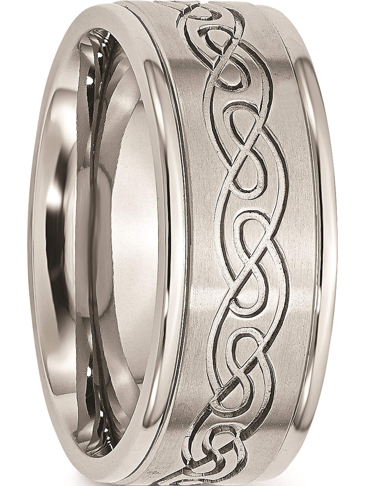 Stainless Steel Brushed/Polished Scroll Design 9mm Ridged Edge Band Size - 10.5