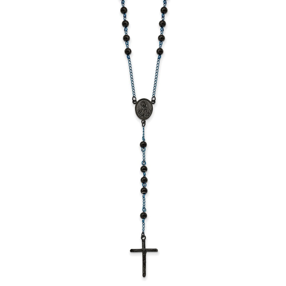 Stainless Steel Polished Black and Blue IP-plated Rosary 30 inch Necklace