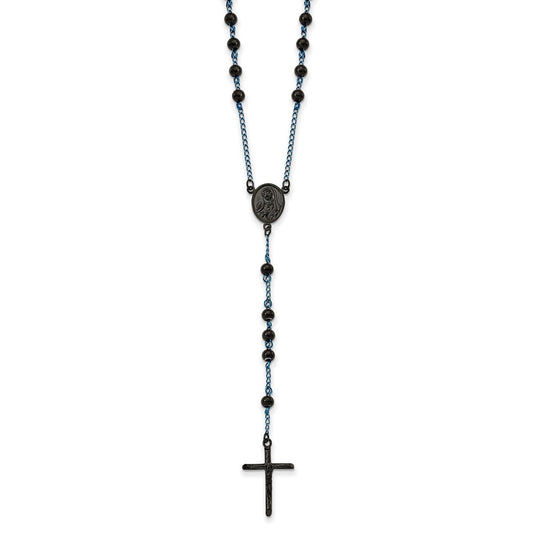 Stainless Steel Polished Black and Blue IP-plated Rosary 30 inch Necklace