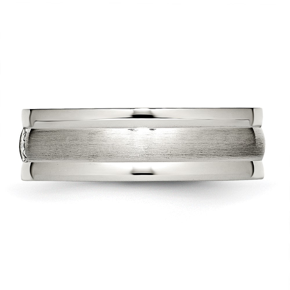 Stainless Steel Polished w/Brushed Center CZ 7mm Grooved Band Size - 11