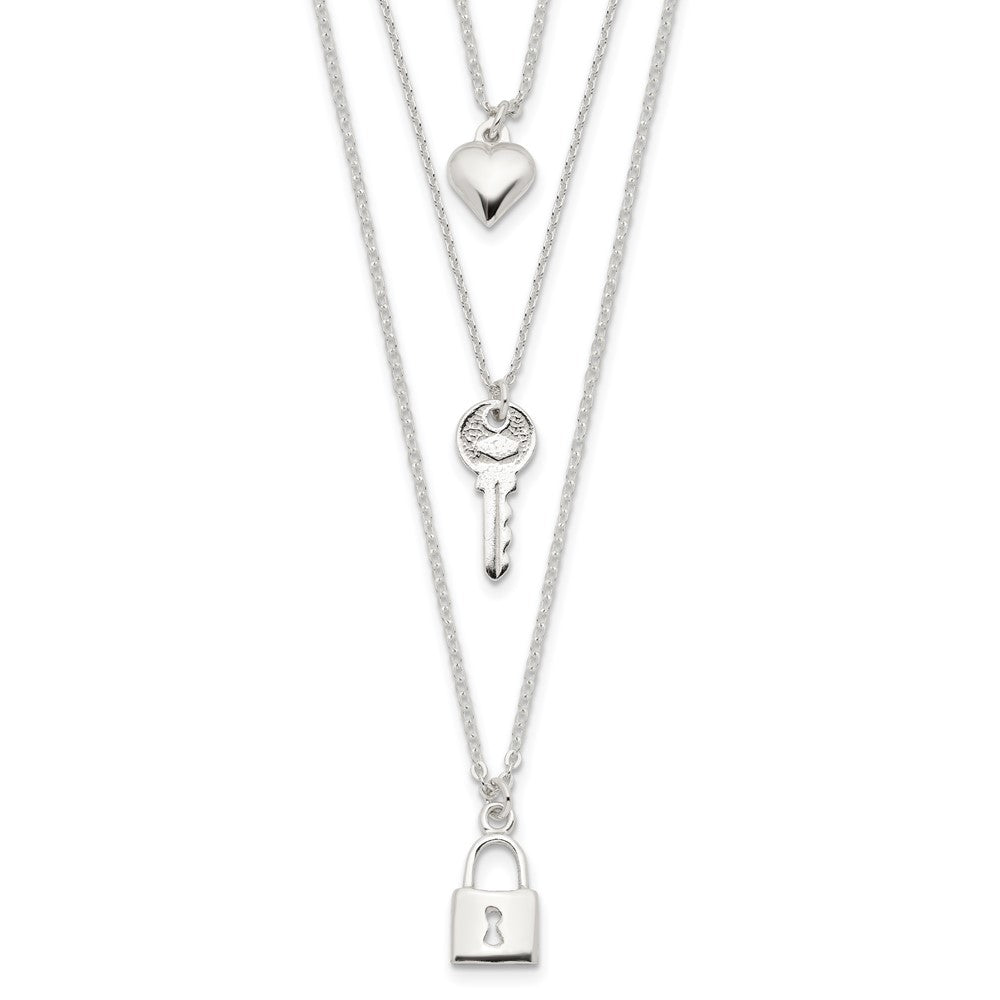 Sterling Silver Lock, Heart and Key Multi-Strand 16in Necklace 16 Inches