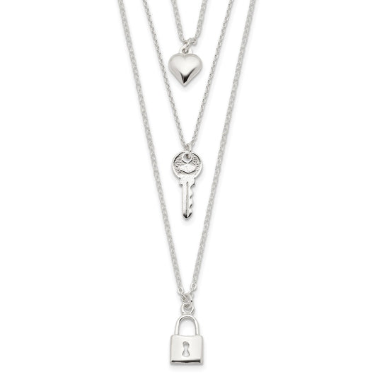 Sterling Silver Lock, Heart and Key Multi-Strand 16in Necklace 16 Inches
