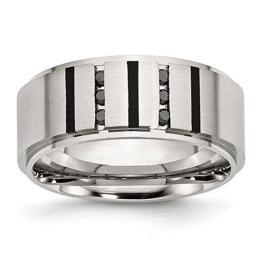 Stainless Steel Brushed Center Black IP-plated 1/6ct Diamond 9mm Band Size - 12