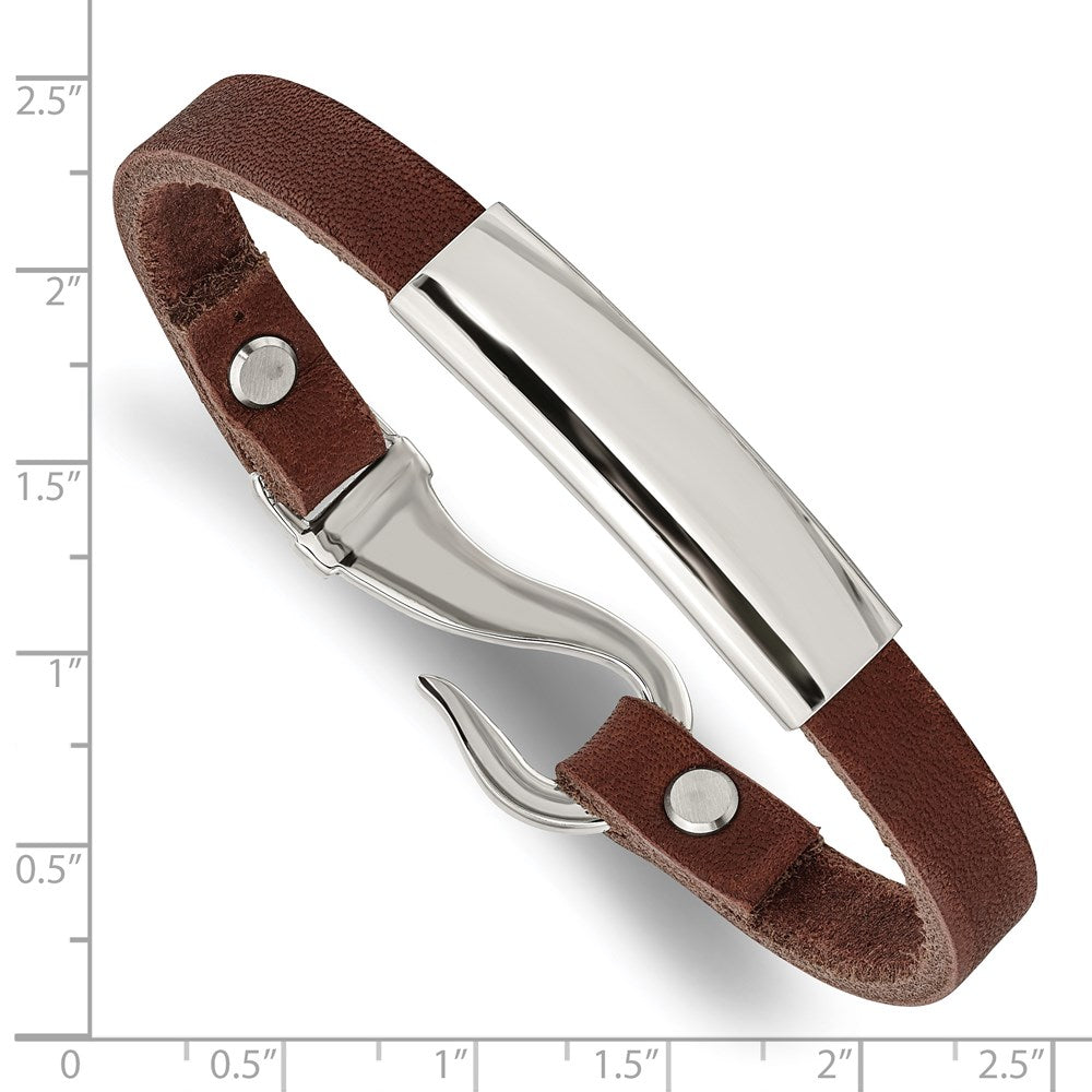 Stainless Steel Polished Brown Leather 8.5in ID Bracelet 8.5 inches