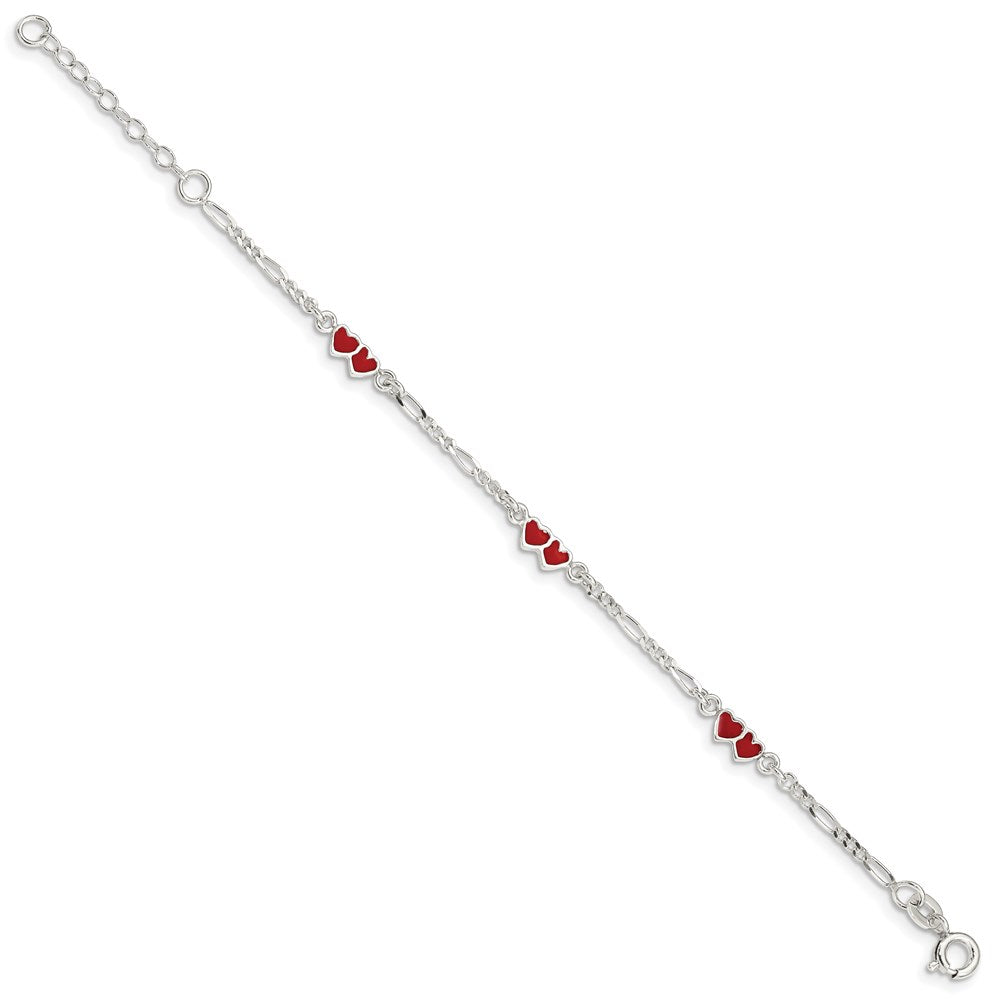 Sterling Silver Polished & Multi-color Enameled Double Heart with 1 Inch Extension Children's Bracelet 6 inches