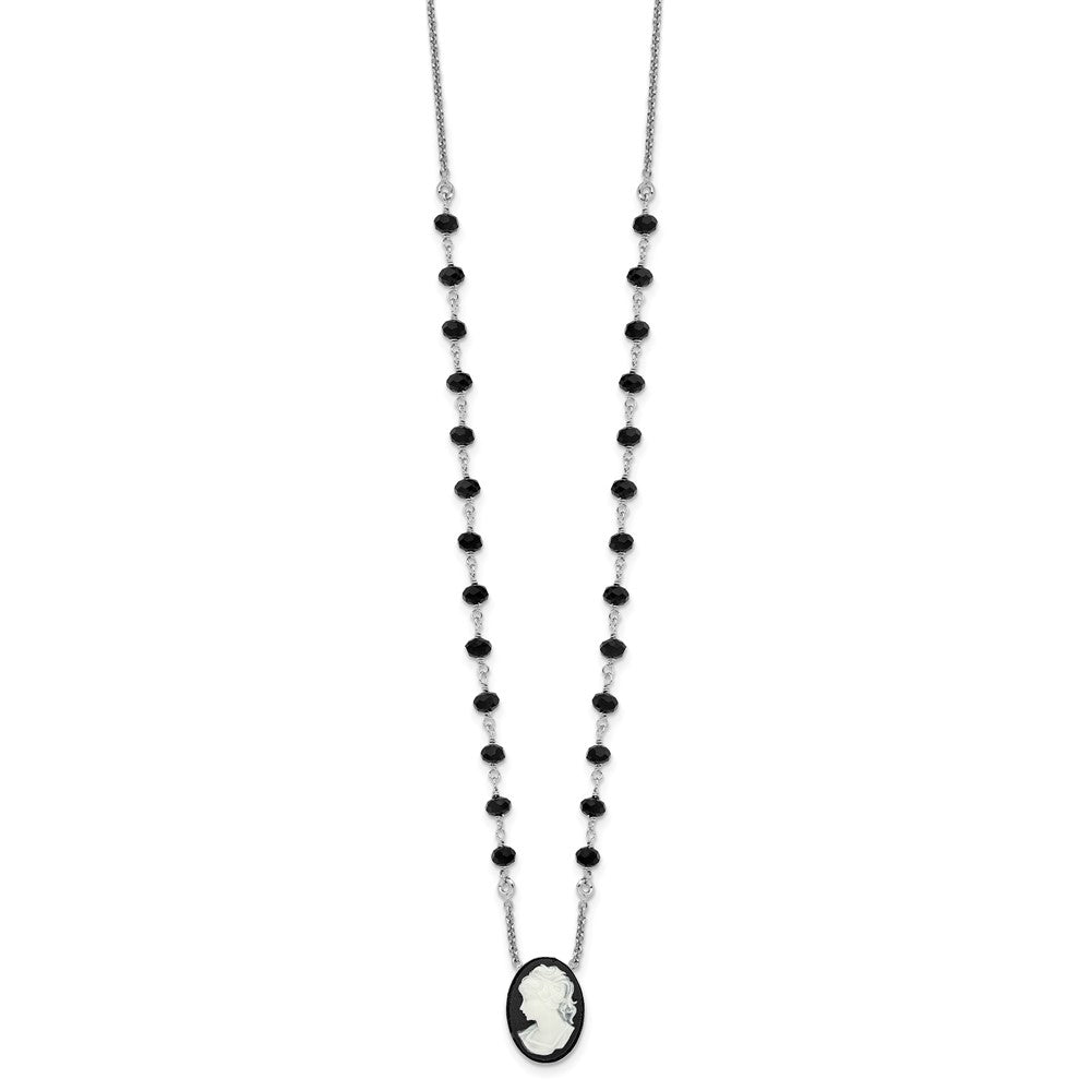 Sterling Silver Rh-plated Black Glass Beads Resin Cameo 1.5in ext.