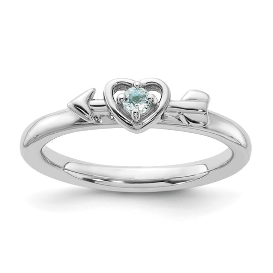 Sterling Silver Stackable Expressions Rhodium-plated Aquamarine Heart with Arrow Ring Size -9