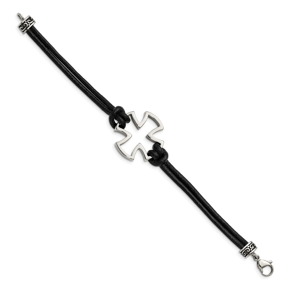Stainless Steel Antiqued and Polished Cross Black Leather 8.25in Bracelet 8.25 inches