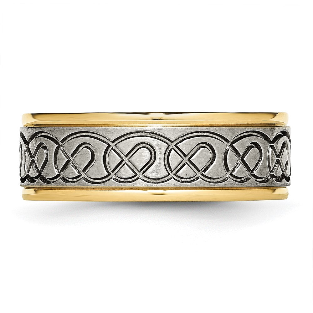 Titanium Brushed/Polished Yellow IP Scroll Design 8mm Grooved Edge Band Size - 8.5