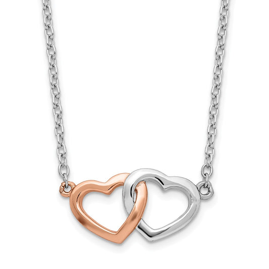 Sterling Silver Rhodium-plated Rose Tone Polished Hearts Necklace 18 Inches