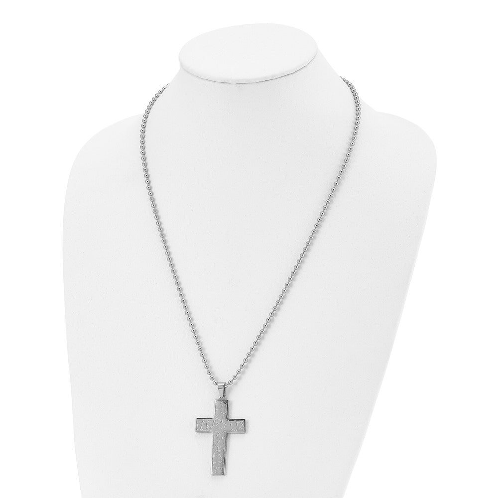 Stainless Steel Polished and Textured Cross 24in Necklace