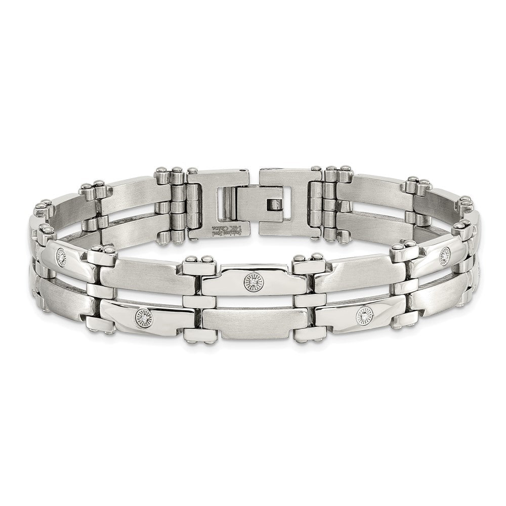 Stainless Steel Brushed & Polished w/14k White Gold & Diamonds Bracelet 8.5 inches