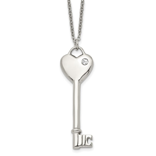 Stainless Steel Polished w/CZ Heart Key 20in Necklace