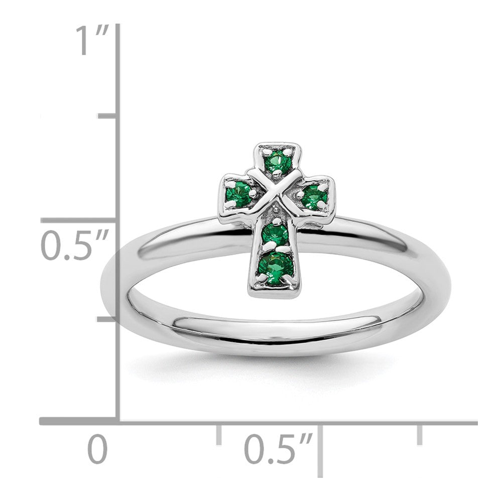 Sterling Silver Stackable Expressions Rhodium Created Emerald Cross Ring Size -5