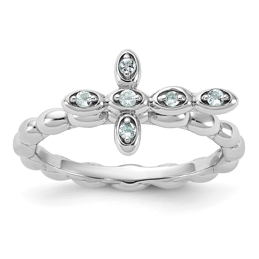 Sterling Silver Stackable Expressions Rhodium-plated Aquamarine Cross Ring Size -7