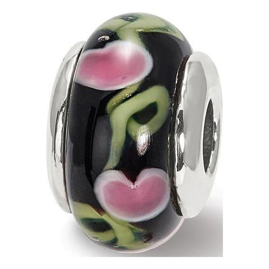 Kids Collection Sterling Silver Hand-blown Black with Floral Pattern Glass Reflections Bead