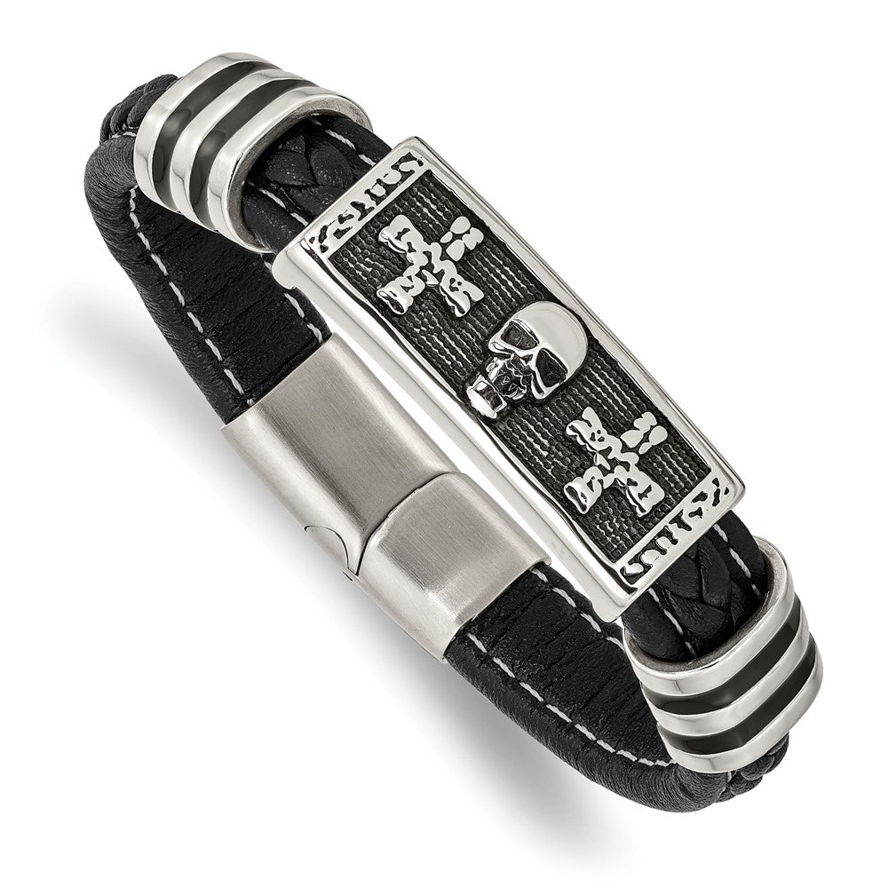 Stainless Steel Antiqued & Polished w/Enamel Skull Faux Leather Bracelet 8.5 inches