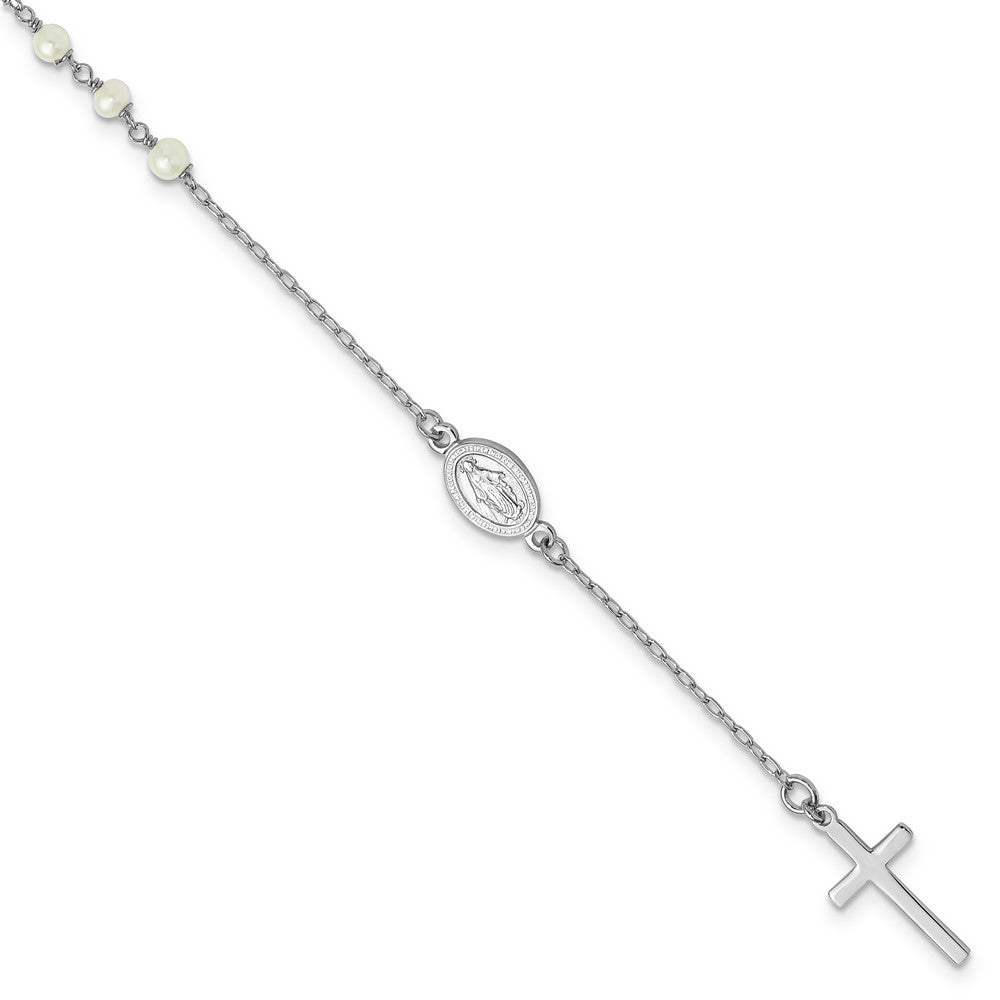Sterling Silver Rhodium-plated Polished Freshwater Cultured Pearl Cross and Miraculous Medal 10 Inch Anklet