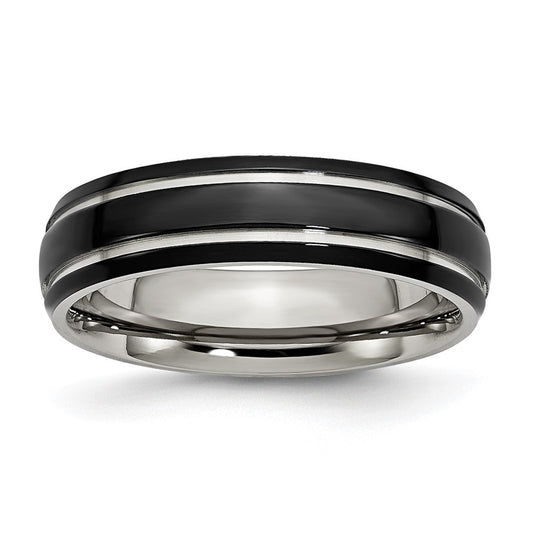 Stainless Steel Polished Black IP-plated 6mm Grooved Band Size - 12.5