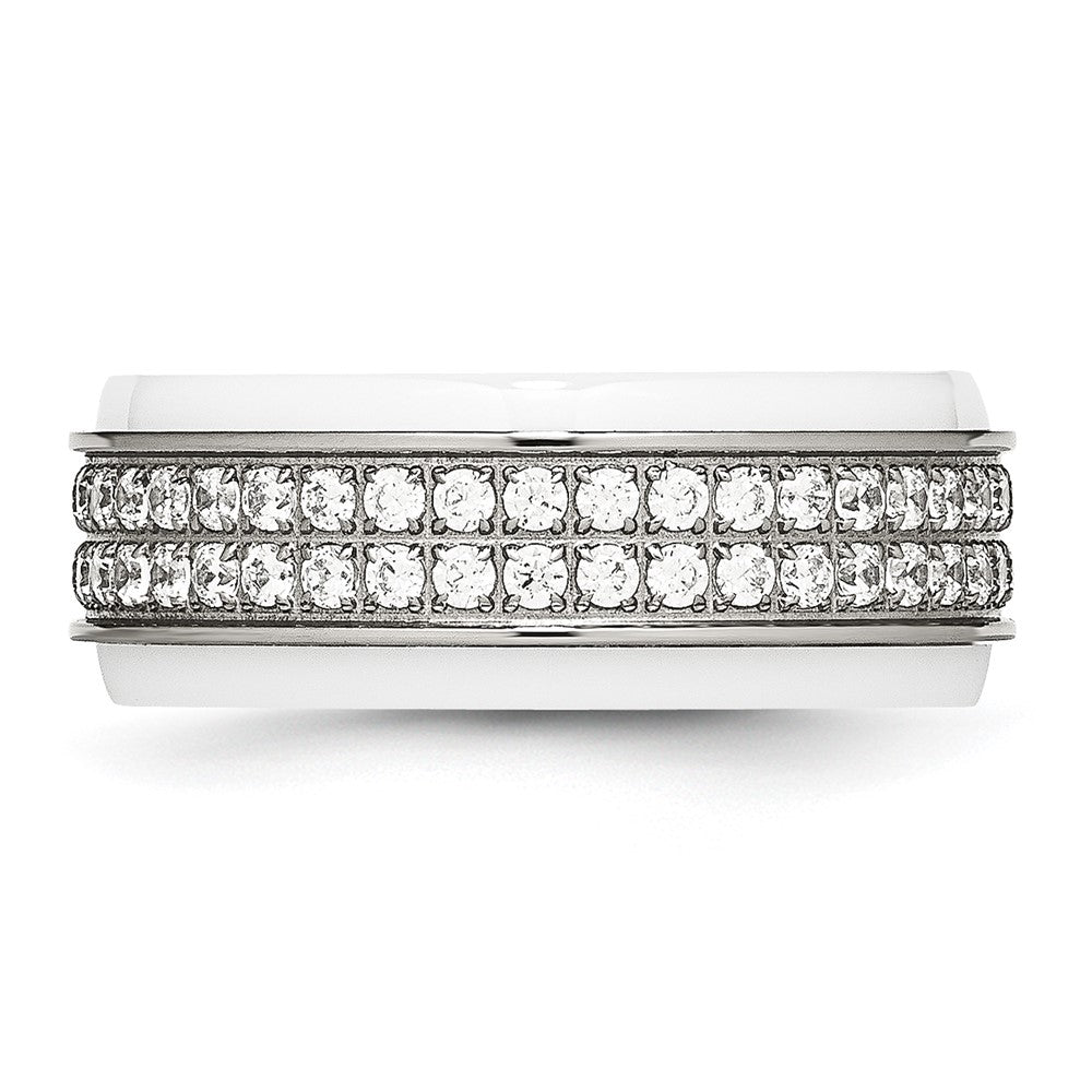 Stainless Steel Polished White Ceramic CZ Ridged edge Ring Size - 6