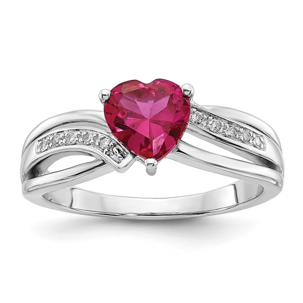 Sterling Silver Polished Diamond and Created Ruby Heart Ring