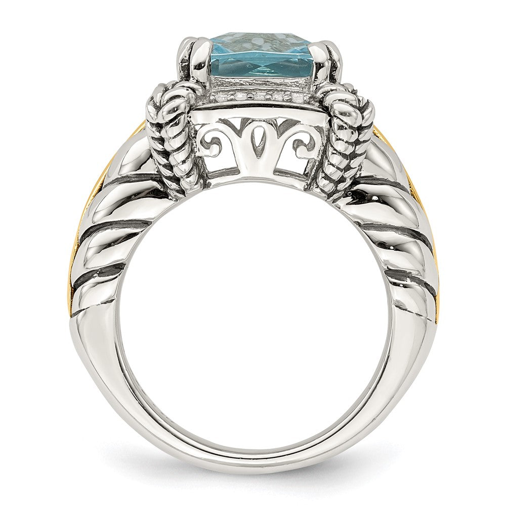 Shey Couture Sterling Silver with 14K Accent Antiqued Checkerboard Cushion Sky Blue Topaz and Diamond Ring