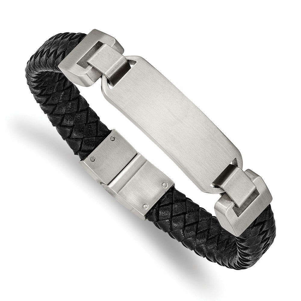 Stainless Steel Brushed Black Leather 8.5in ID Bracelet 8.5 inches