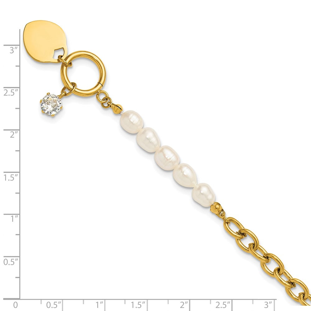 Chisel Stainless Steel Polished Yellow IP-plated with Half White Freshwater Cultured Pearl and CZ Heart Dangle 8.25 inch Bracelet 8.25 inches