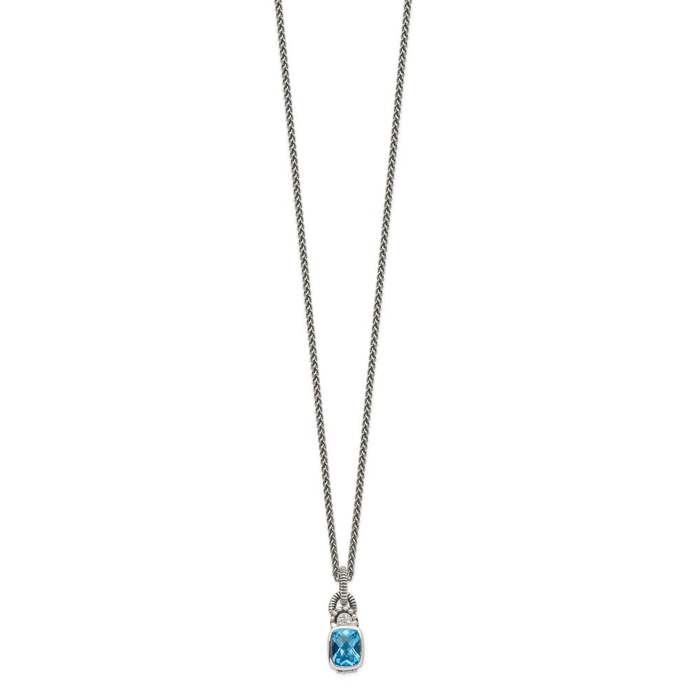 Shey Couture Sterling Silver 18 Inch Antiqued Cushion Bezel Sky Blue Topaz and Diamond Necklace 18 Inches