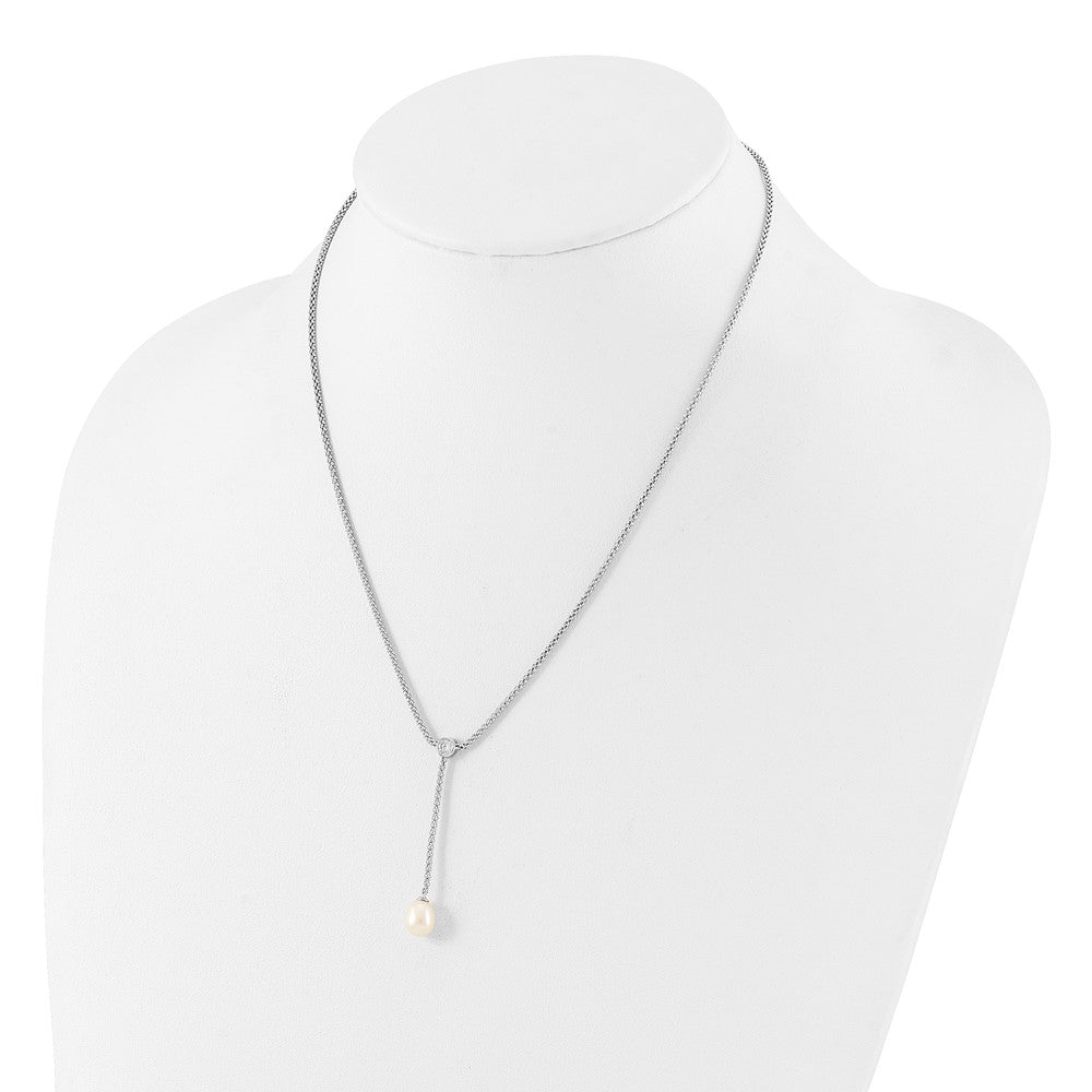 Sterling Silver Rhodium-plated 8-9mm Teardrop Freshwater Cultured Pearl and CZ Drop Dangle 18 inch Necklace