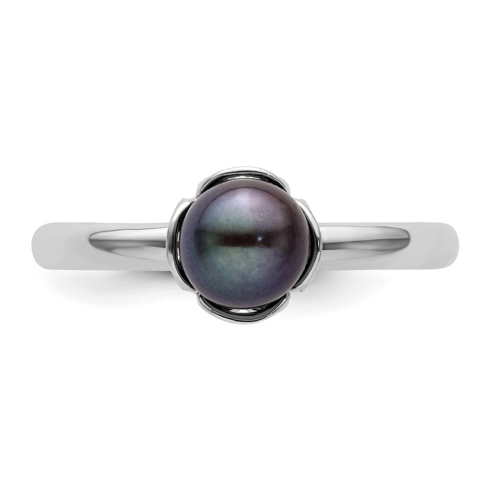 Sterling Silver Stack Exp. Polished Black FW Cultured Pearl Ring Size -5