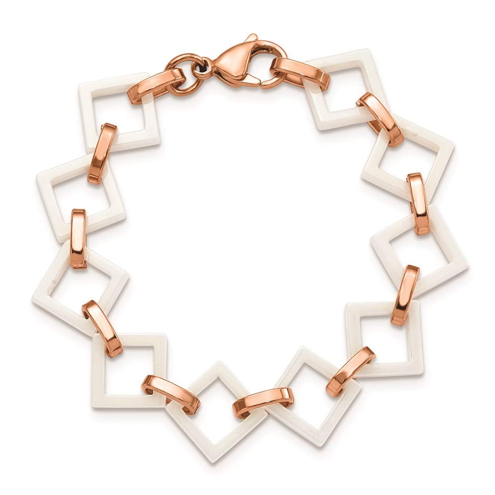 Stainless Steel Polished Rose IP-plated w/White Ceramic 7in Bracelet 7 inches