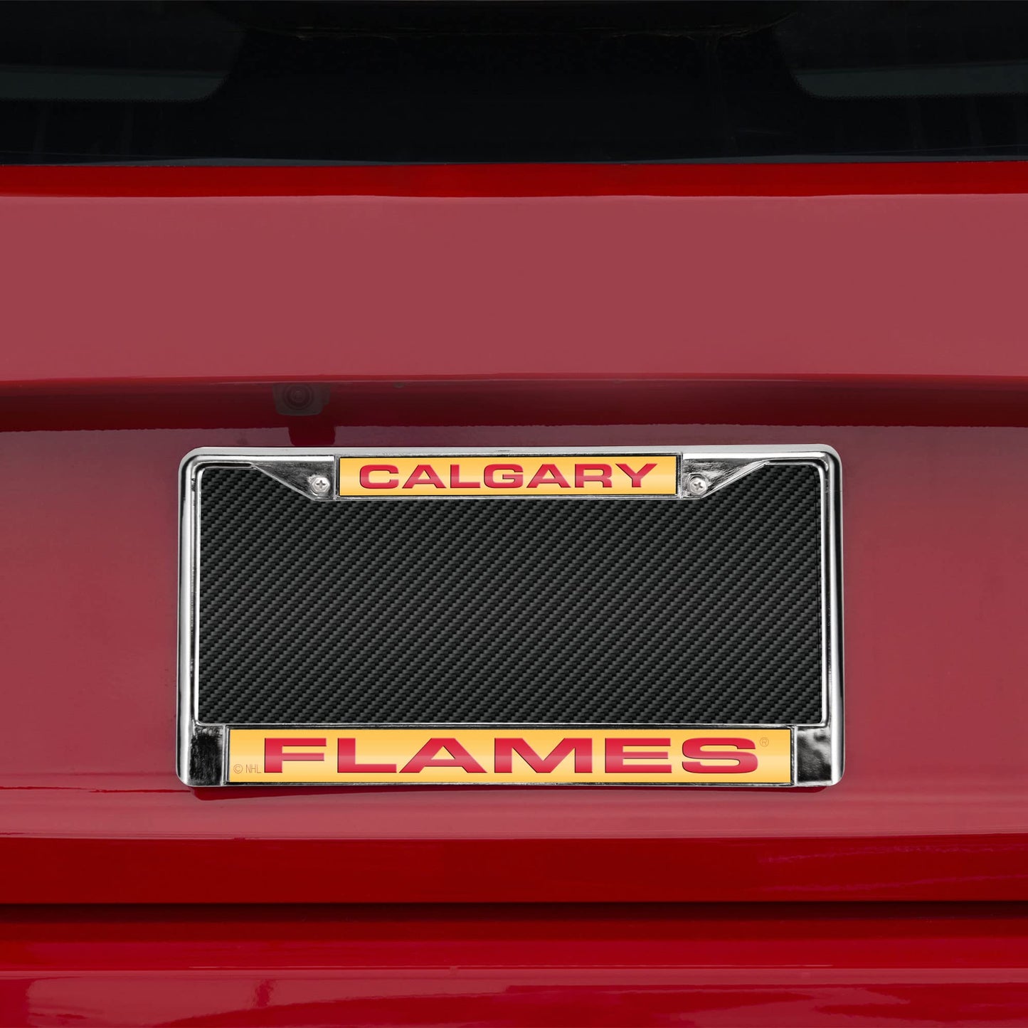 NHL Calgary Flames Laser Chrome Acrylic License Plate Frame-Yellow w/Red QGC7105