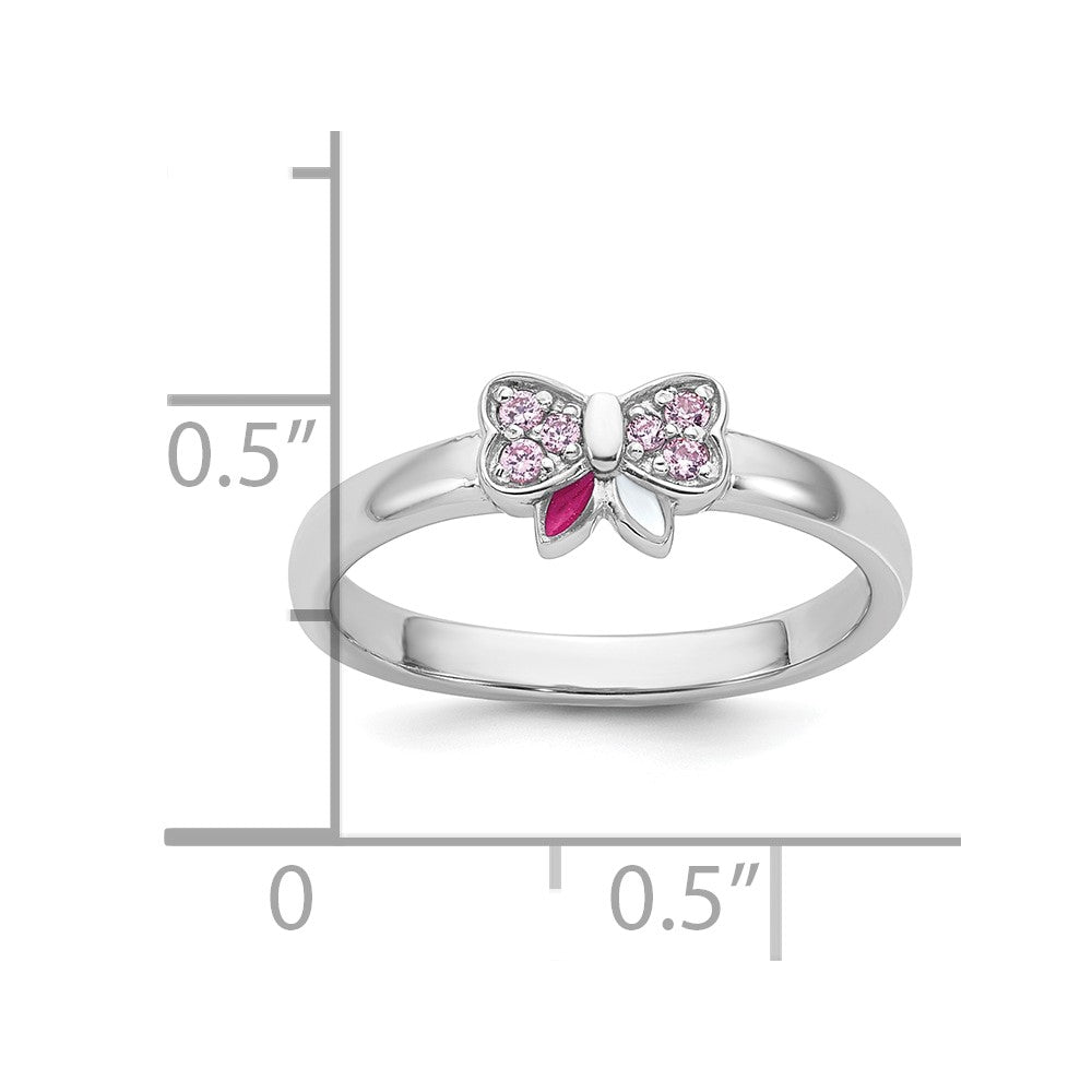 Sterling Silver Rhodium-plated Children's Size 4 Pink CZ with Pink and White Enamel Bow Ring