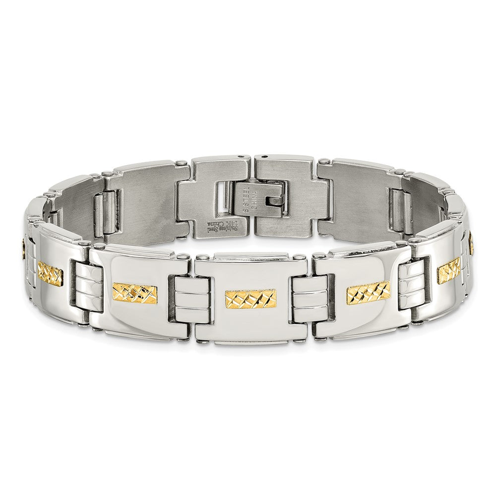 Stainless Steel with Diamond-cut 14k Inlay 8in Polished Link Bracelet 8 inches