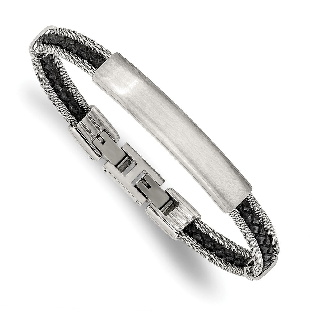 Chisel Stainless Steel Brushed and Polished Wire and Braided Black Leather 6.75 inch Plus a .5 inch Extension ID Bracelet 7.25 inches