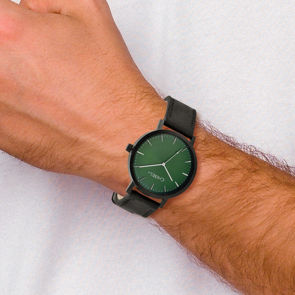 Chisel Matte Black IP-plated Green Dial Black Leather Band with Quick Release Watch 9 inches