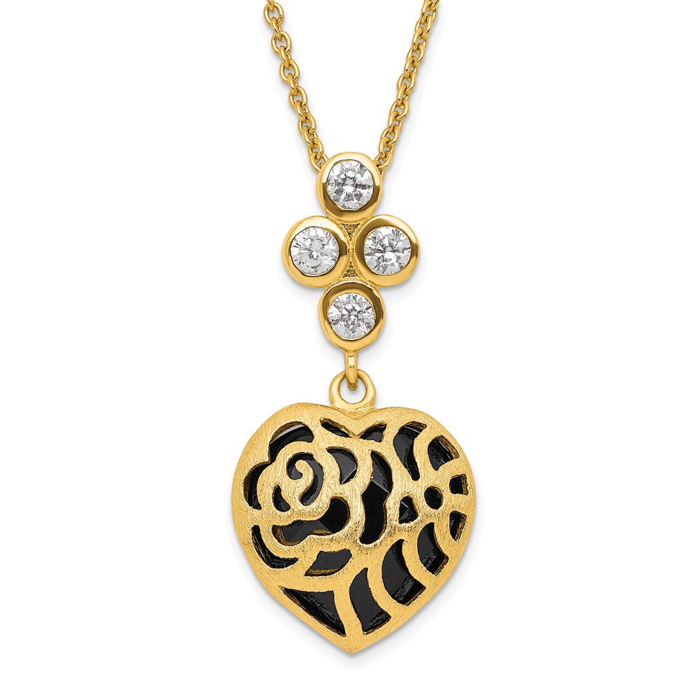 Sterling Silver Gold Plated Black Onyx and CZ Heart Necklace