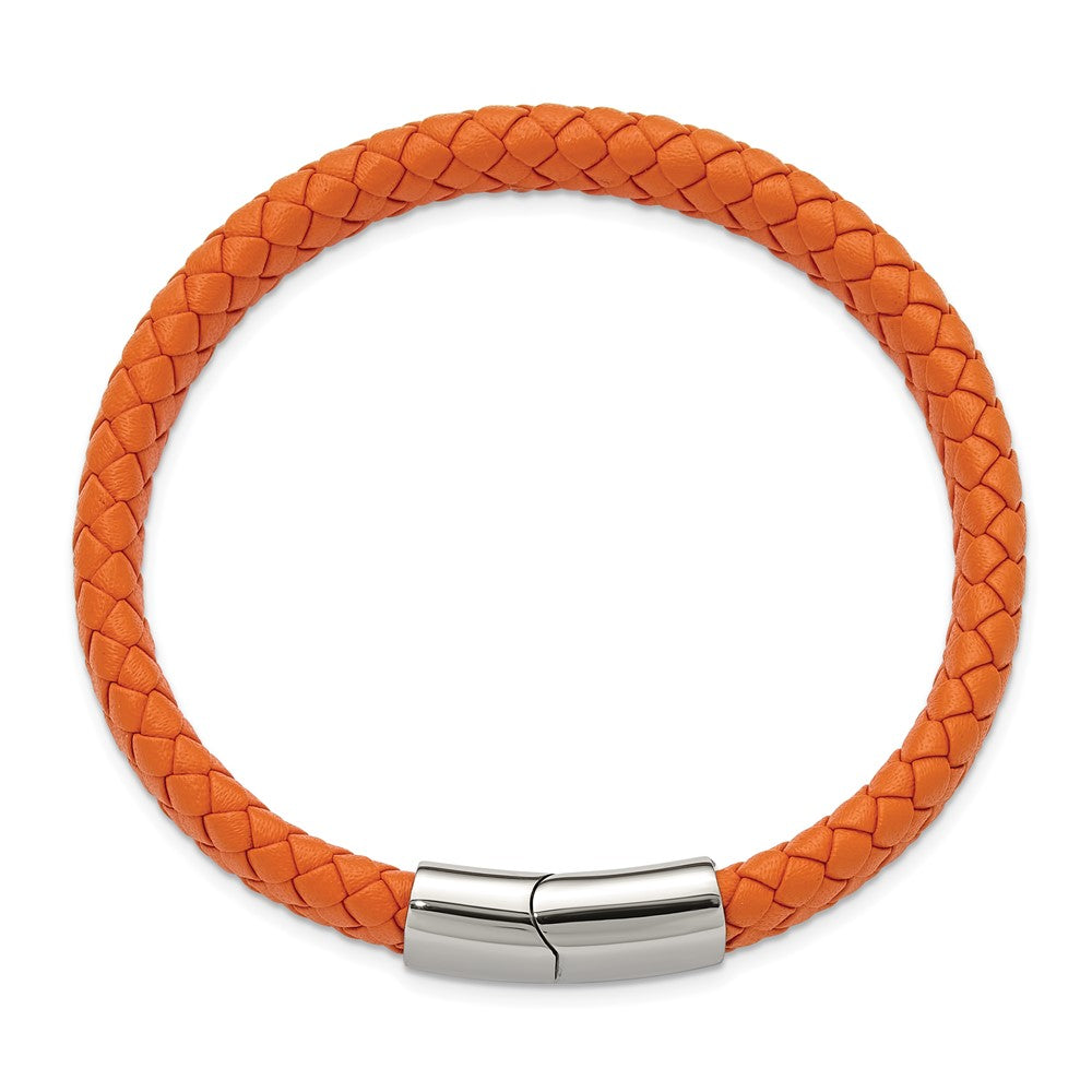 Chisel Stainless Steel Polished Braided Orange Leather 8.25 inch Bracelet 8.25 inches