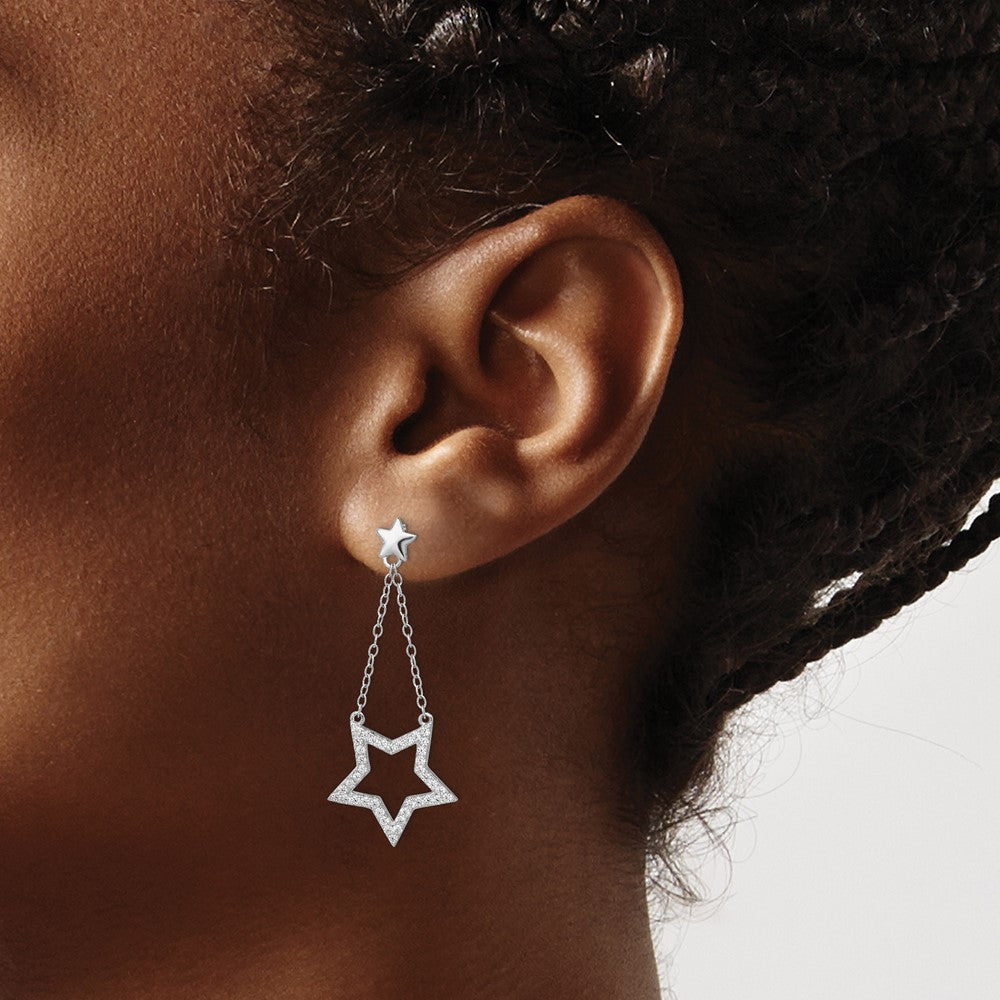 Sterling Silver Rhodium Plated CZ Star Dangle Earrings