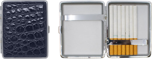 Set of 2 Metal-Plated 100s Leather Cigarette Case & Stash Box (Crocodile Navy)